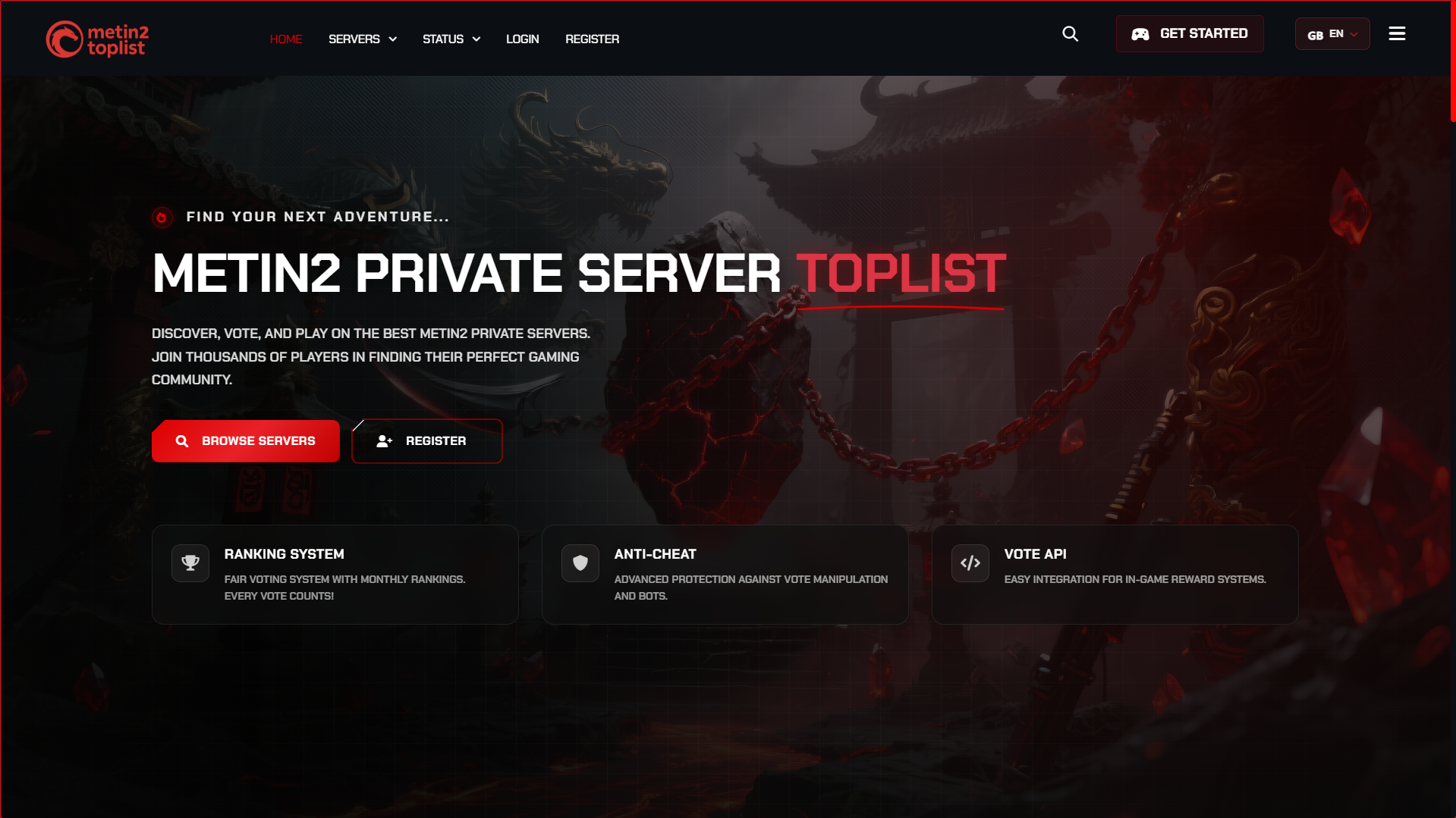 Screenshot der Metin2 Toplist Website-Startseite